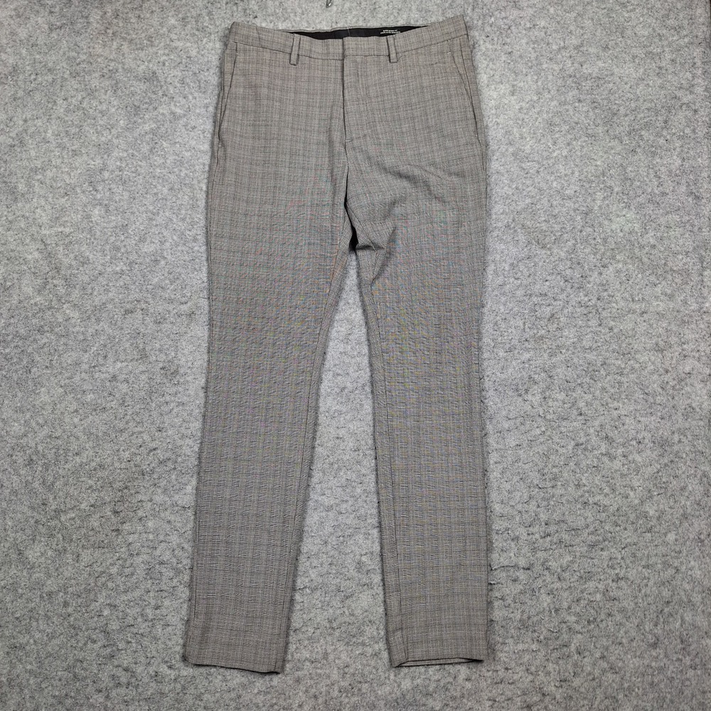 H&M Super Skinny Fit Dress Trouser Mens 32x30 Gray Check Plaid Flat Front Chino